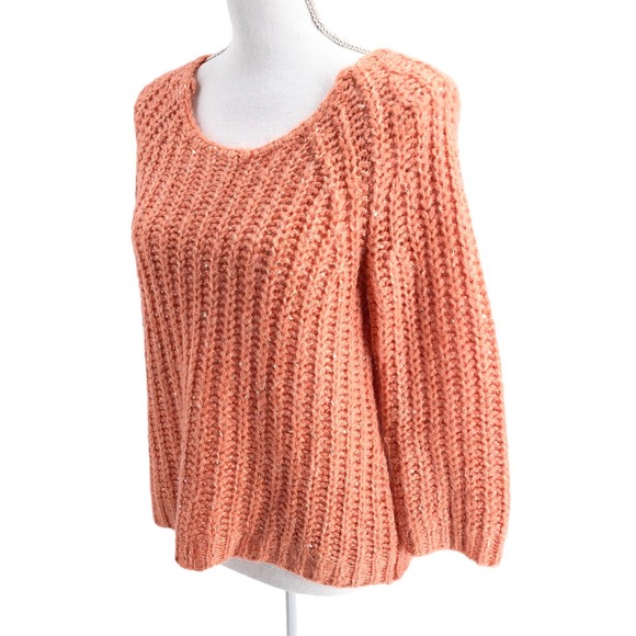 Anthropologie Knitted & Knotted Size Medium Sequined Open Knit Peach Sweater - Picture 5 of 8